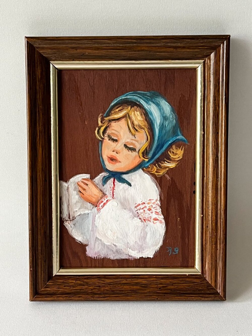 Vintage Original Folk Art Portrait Oil Painting on Wood Panel Signed Framed
